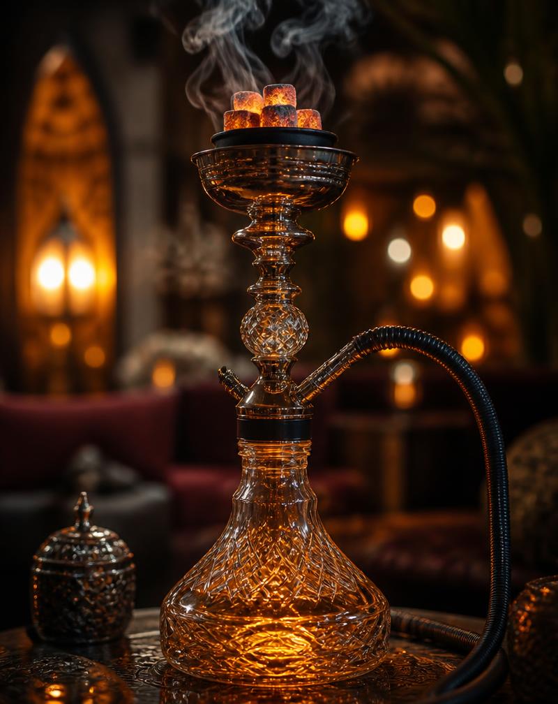 Ornate glass shisha with glowing coals at Rotana Birmingham