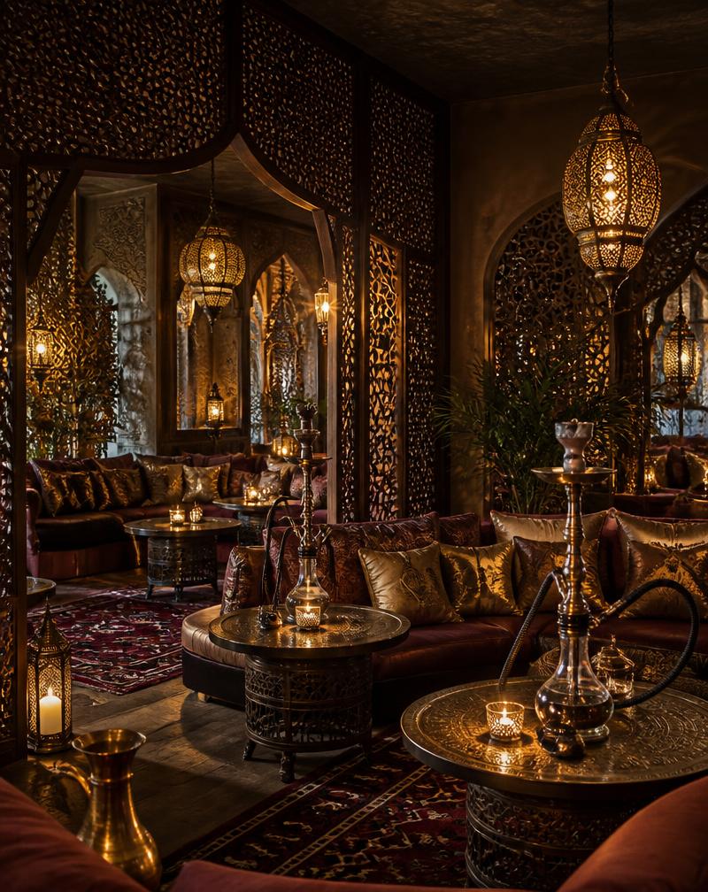 Rotana lounge seating area with carved wood screens and lanterns
