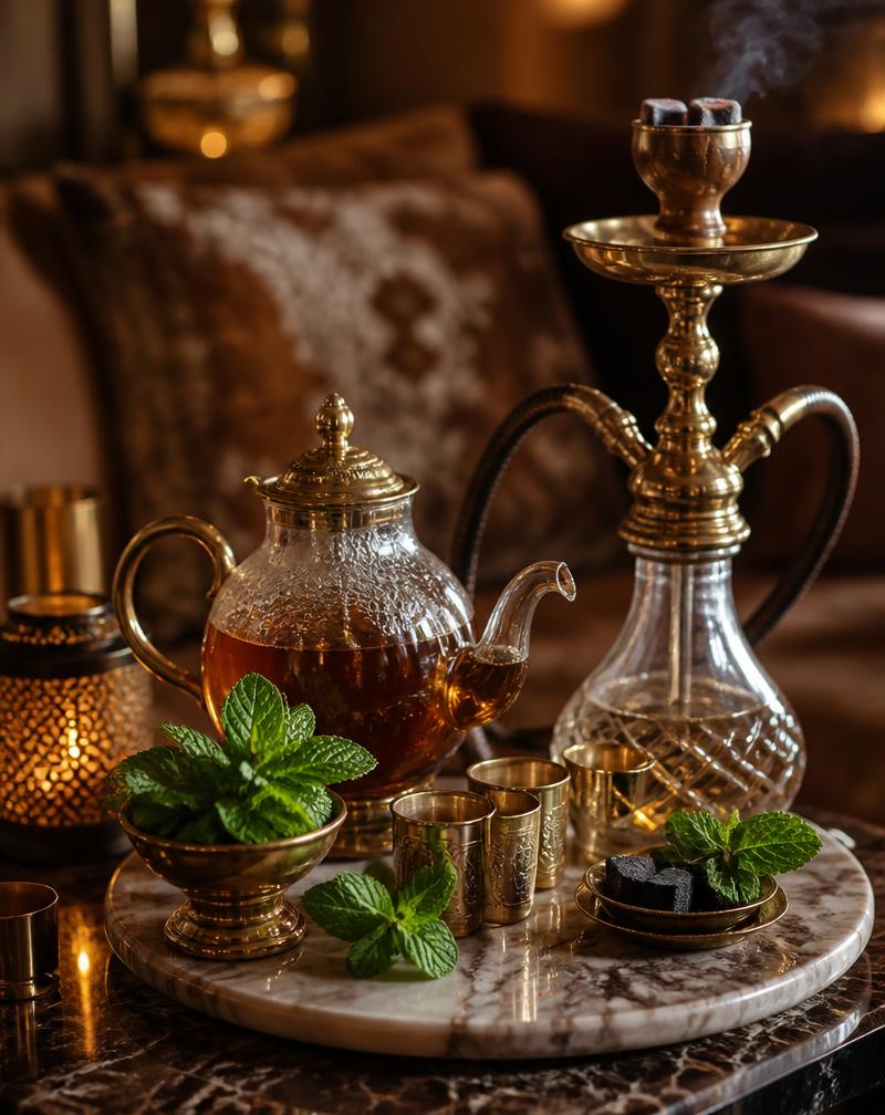 Tea and shisha setup on a marble tray